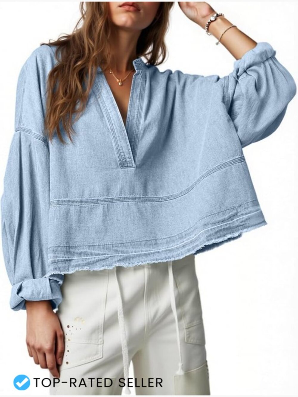 Women's Denim Shirt Puff Long Sleeve V-Neck Casual Jean Top Trendy Y2K Chic
